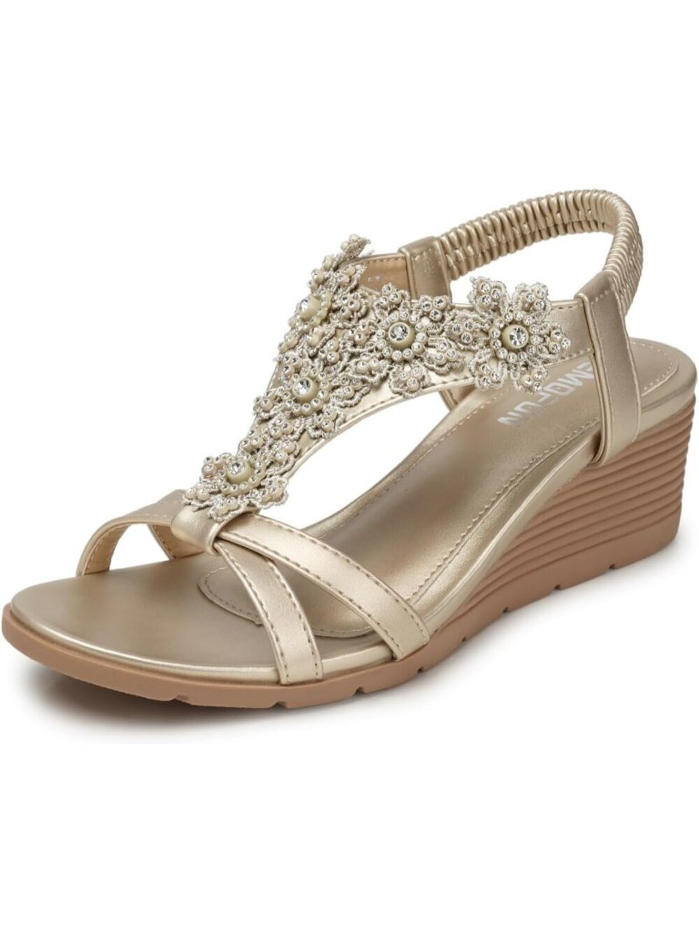 Women's Champagne Elastic Open Toe Flower Wedge Heels Platform Sandal Shoes